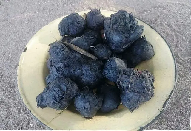 Um prato raso cheio de raízes de nafula (tubérculos escuros e fibrosos do tamanho de um punho) pousado no chão